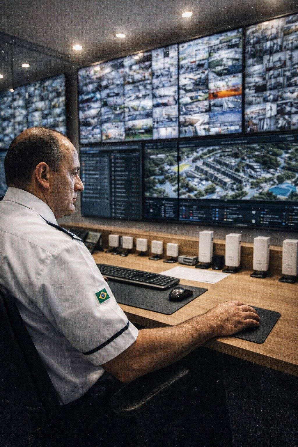 Operador do Grupo Berbel acompanhando as imagens na central de monitoramento