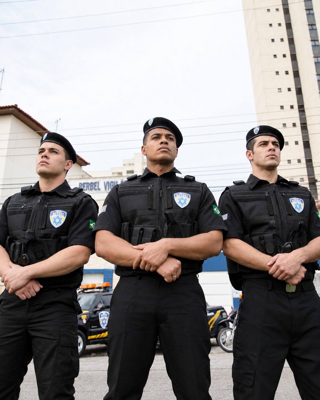 Três vigilantes do Grupo Berbel uniformizados em um condomínio