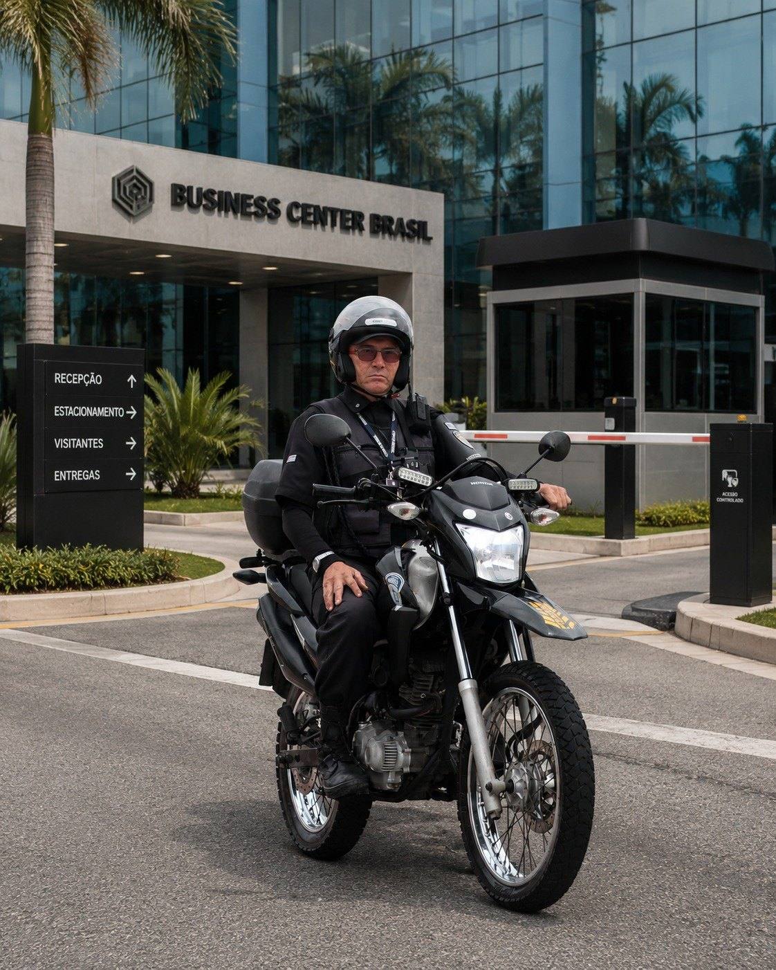 Vigilante do Grupo Berbel em ronda de moto diante de um centro empresarial