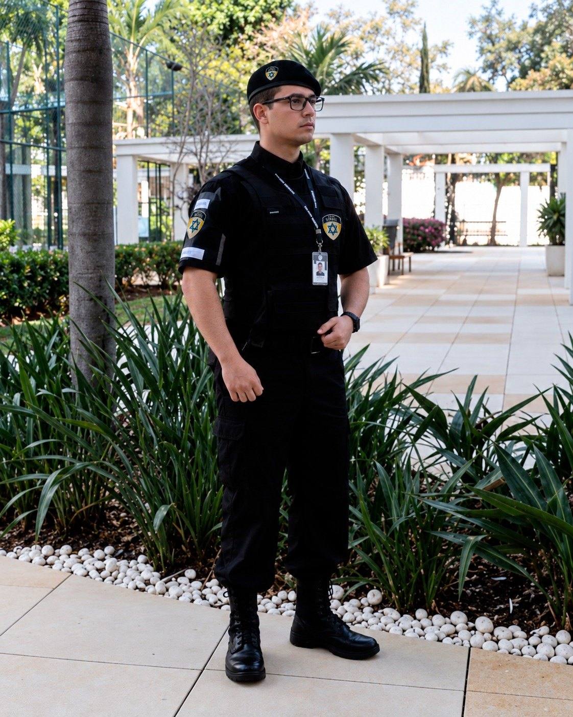 Vigilante do Grupo Berbel no jardim de entrada de um condomínio